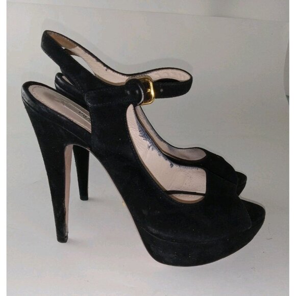 PRADA Black Suede High Platform Heels with Ankle Strap and Open Toe - Size 37 - Picture 1 of 13